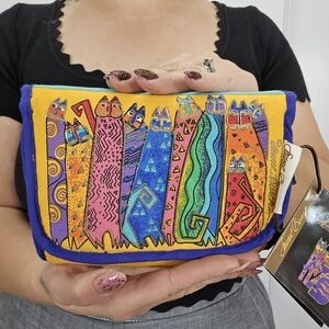 VTG Laurel Burch Classic Felines Cosmetic Makeup Bag Snap Close Canvas W Mirror
